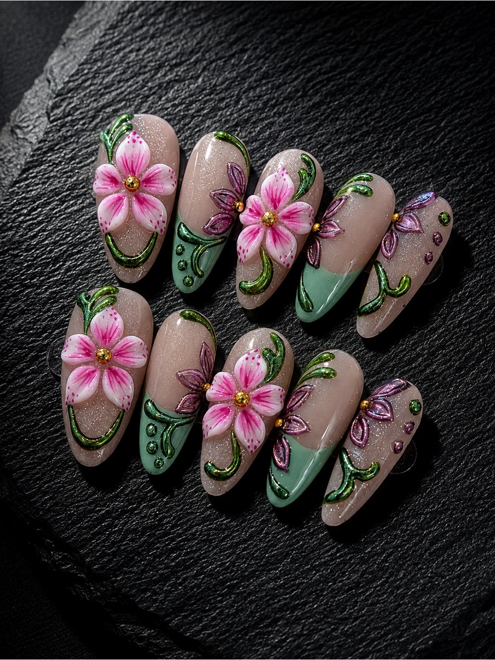 Floral 3D Pink Flower Press-On Nails - Nude & Mint Accents